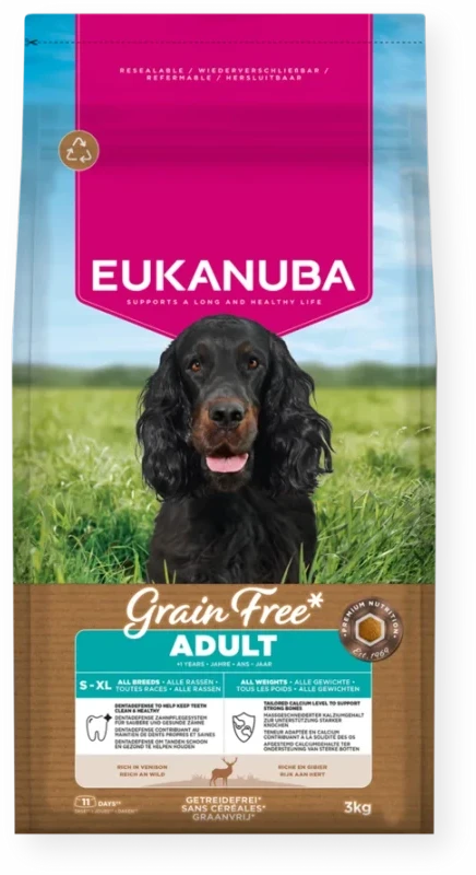 Eukanuba begrūdis Adult begrūdis maistas visų veislių šunims su elniena, 3kg