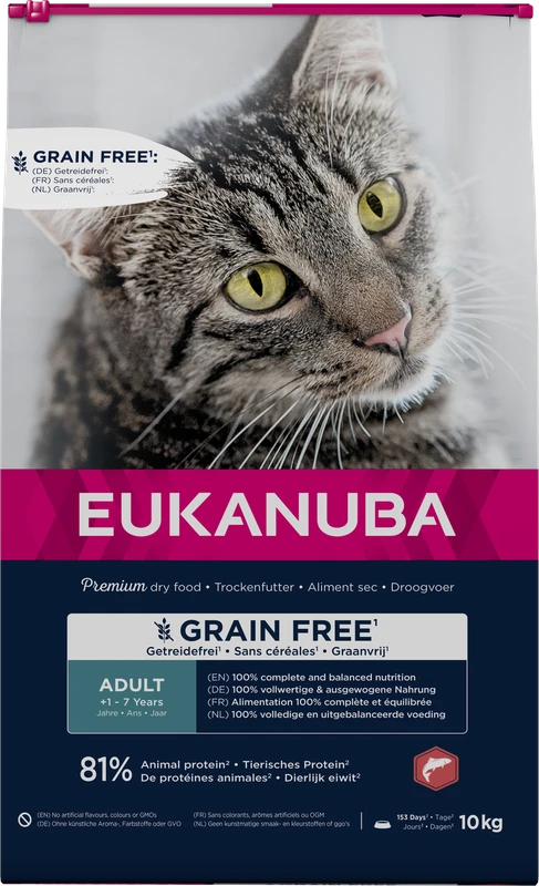 Eukanuba begrūdis sausas maistas katėms su lašiša, 10 kg
