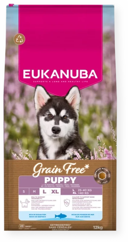 Eukanuba begrūdis Puppy Large begrūdis sausas maistas didelių veislių šuniukams su žuvimi, 12 kg