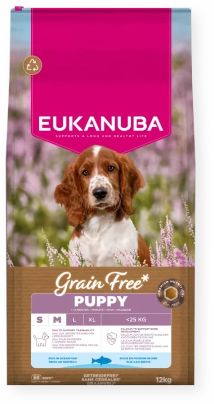 Eukanuba begrūdis Puppy S/M begrūdis sausas maistas mažų ir vidutinių veislių šuniukams su žuvimi, 12 kg