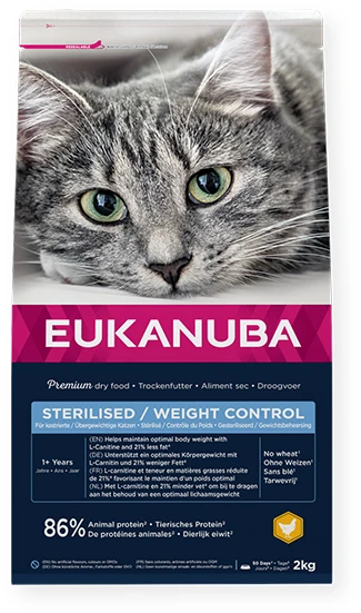 EUKANUBA Sterilizuotos/Svorio kontrolės Vištienos sausas maistas - 2kg