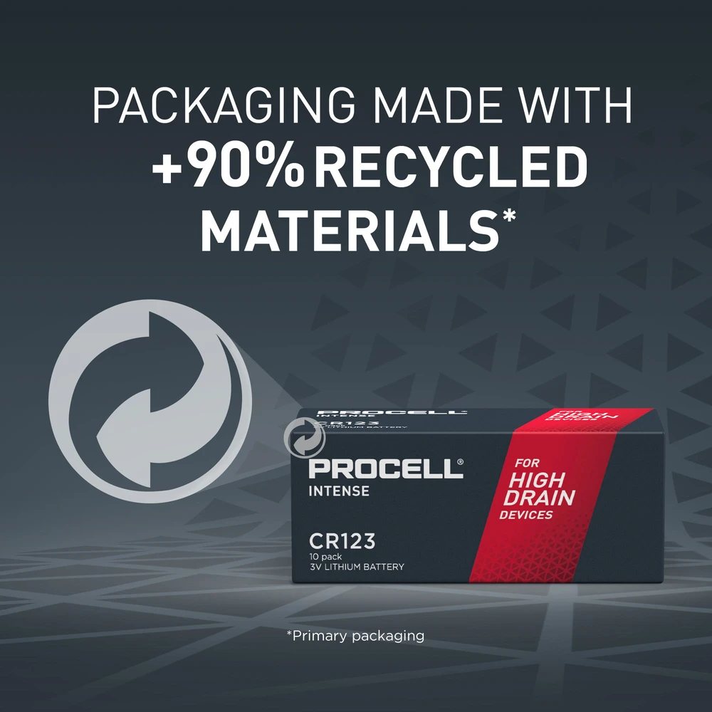 Duracell Procell Intense CR123 baterijų pakuotė iš perdirbto kartono