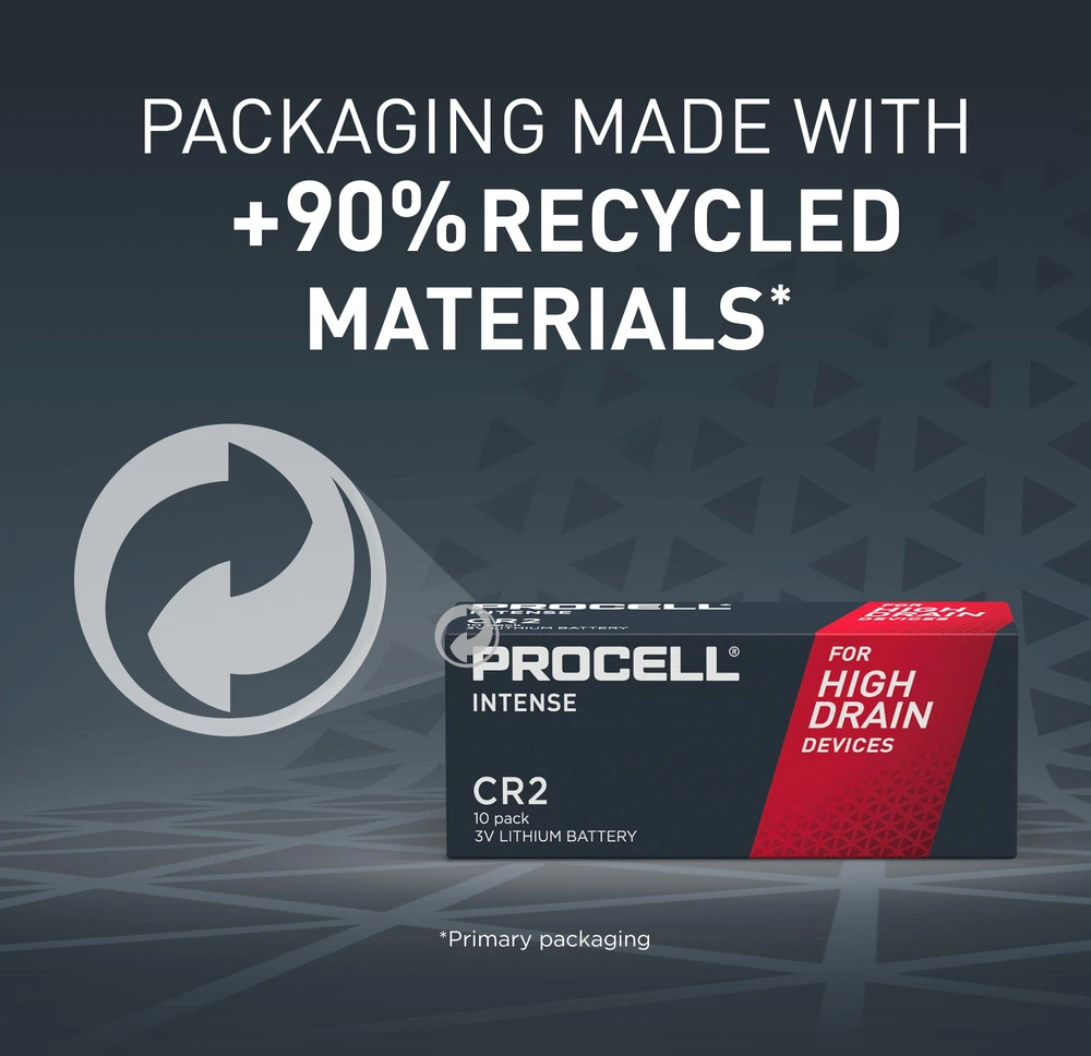 Procell CR2 baterijų pakuotė su perdirbimo ženklu