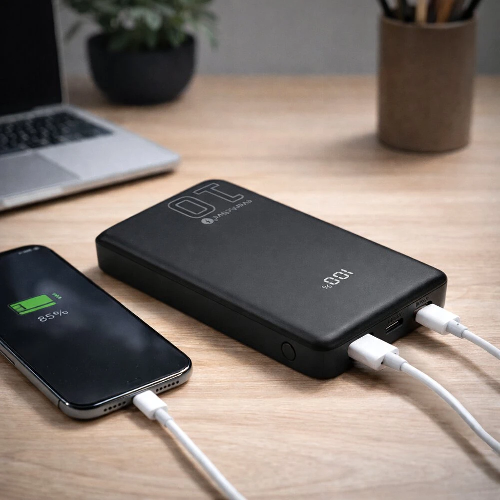 „everactive“ nešiojama įkroviklis 10 000 mAh, 1x USB, 2x USB-C, 20 W, QC4+, LCD ekranas, juodas