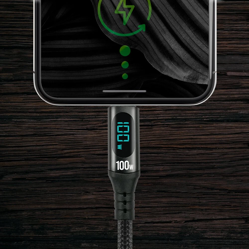 everActive 1m USB-C PD 3.0 5A 100W pintas kabelis su LCD ekranu CBB-1PD5L