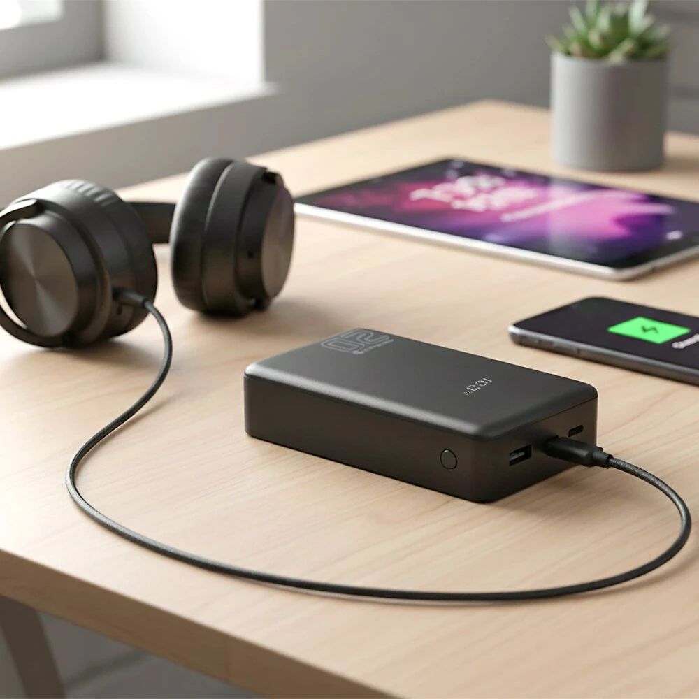 „everactive“ išorinė baterija 20 000 mAh, 1x USB, 2x USB-C, 20 W, QC4+, LCD ekranas, juodas