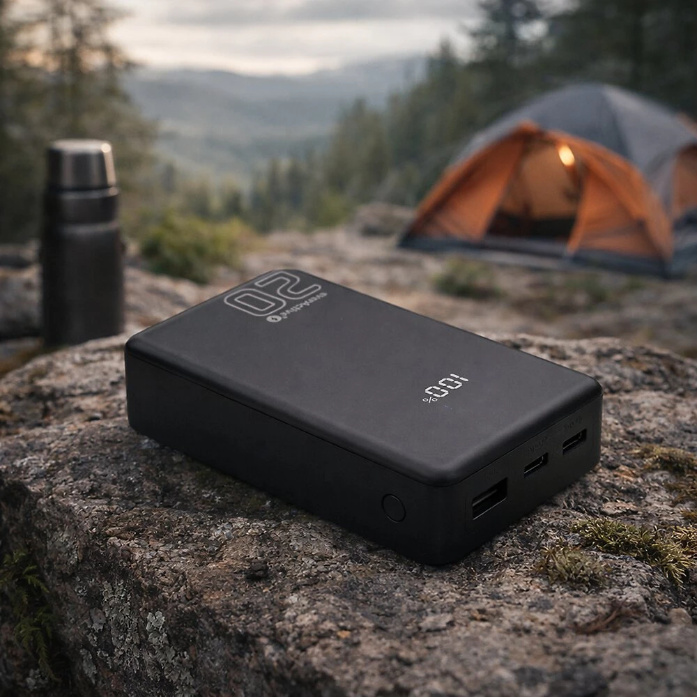 „everactive“ išorinė baterija 20 000 mAh, 1x USB, 2x USB-C, 20 W, QC4+, LCD ekranas, juodas