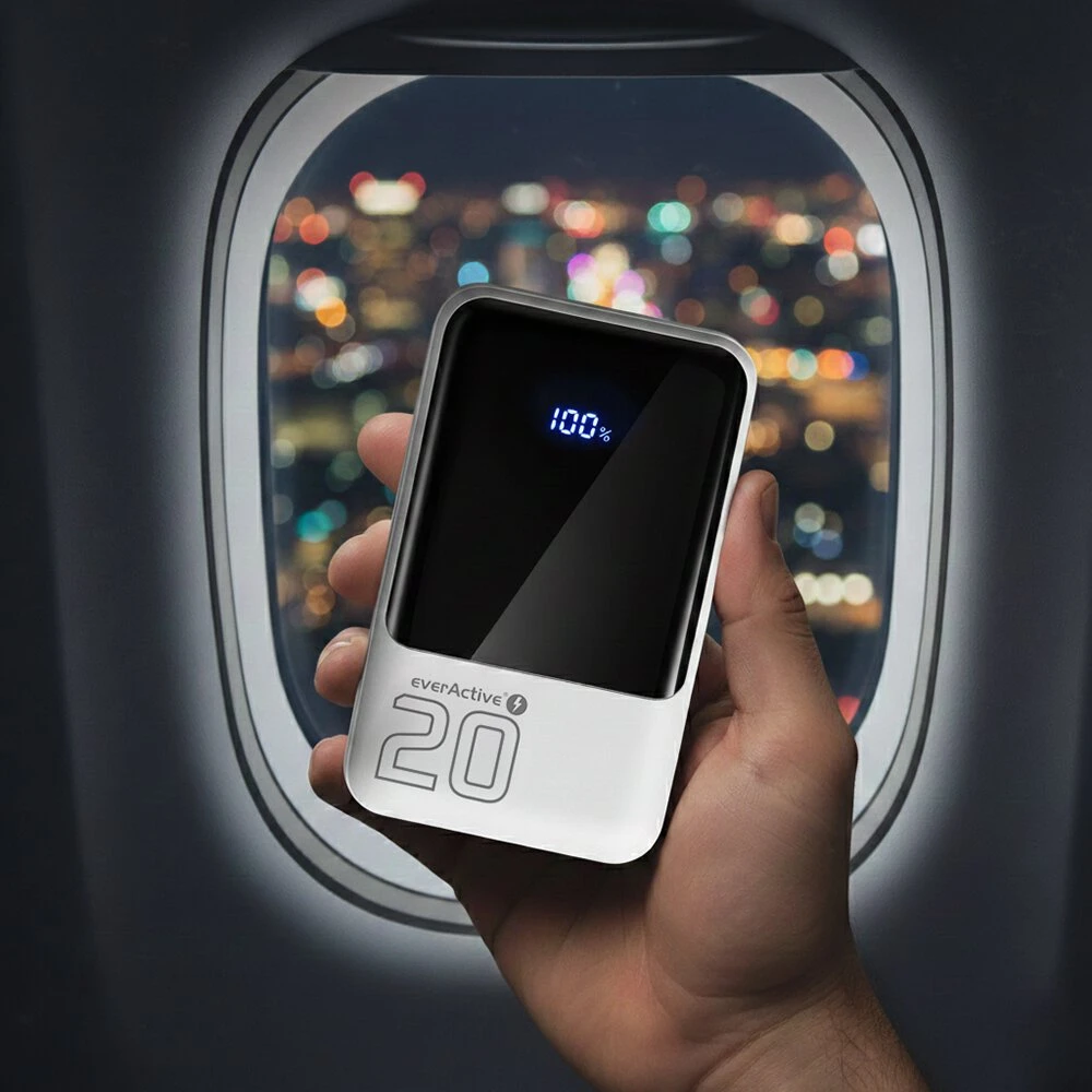 „everactive“ išorinė baterija 20 000 mAh, 2x USB, 1x USB-C 22,5 W, QC4+, LCD ekranas, baltas