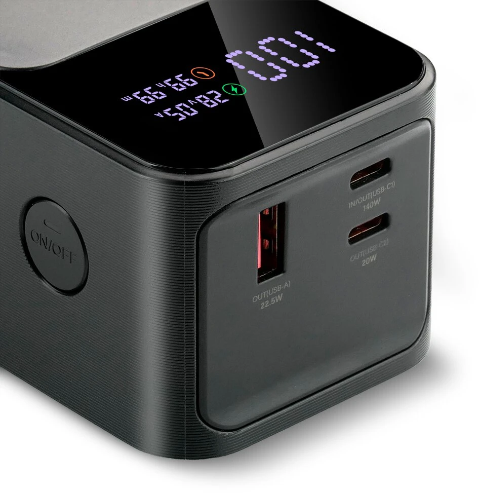 „everactive“ išorinė baterija 27 000 mAh, 1x USB, 2x USB-C, 162,5 W, QC4+, žibintuvėlis, LCD ekranas, juodas