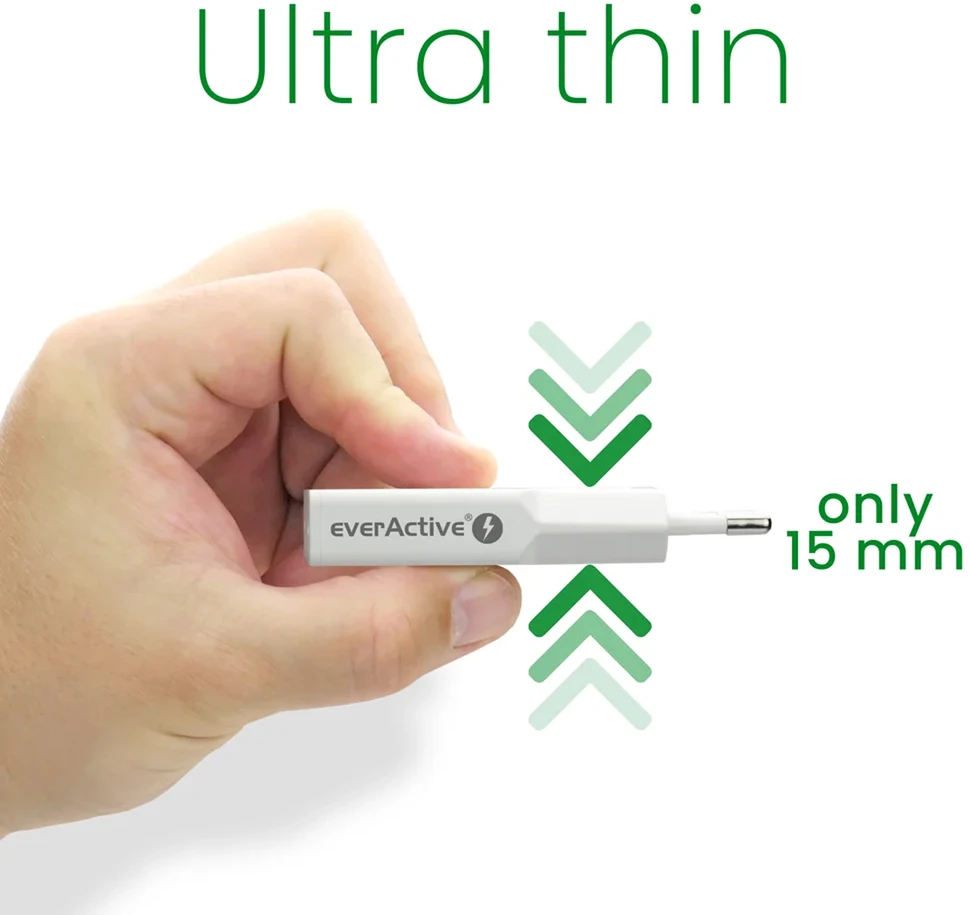 „everactive“ įkroviklis: 1 x USB, 1 x USB-C greito įkrovimo 3.0 30 W itin plonas baltas