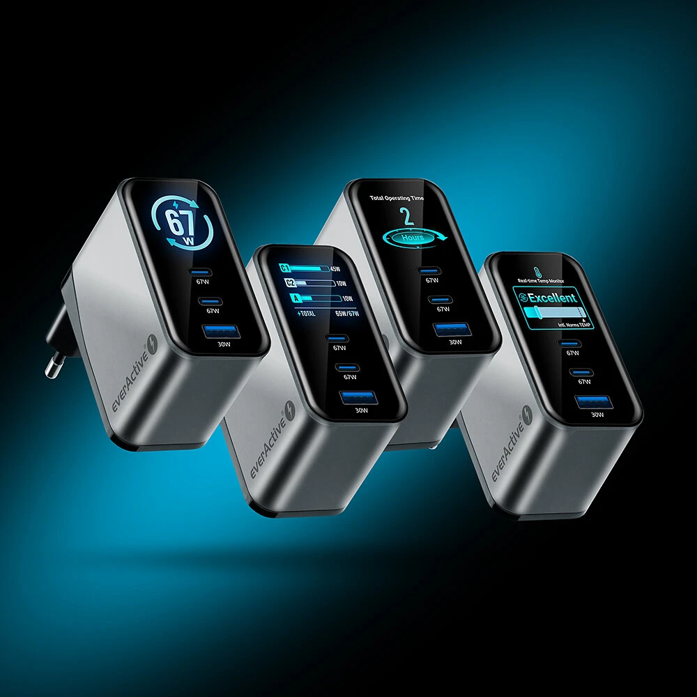 Įkroviklis - everActive SC-670Q Pro 67W 1xUSB-A 2xUSB-C, LCD Ekranas, Juoda