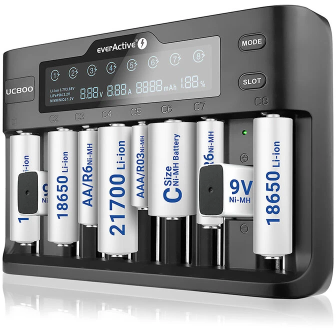 everActive profesionalus 8 x Ličio ir AA/AAA/C Ni-MH + 2 x 9V NiMH akumuliatorių kroviklis UC800