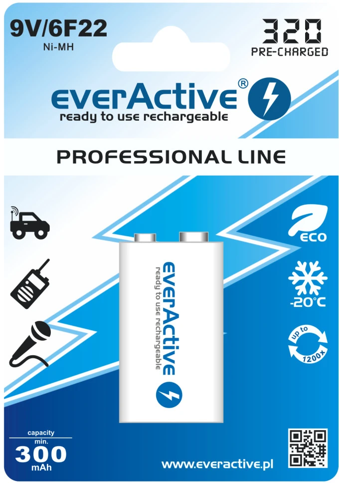 everActive Professional paruoštas naudojimui 9V 320mAh akumuliatorius, 1 vnt.