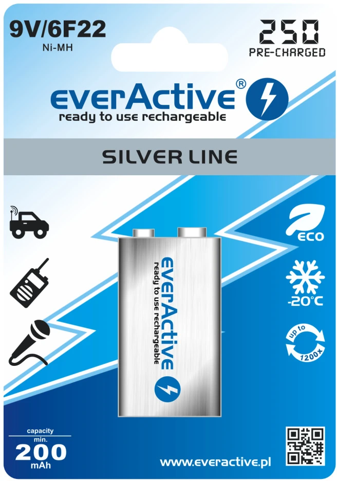 everActive Sidabrinis linija paruošta naudojimui 9V 250mAh akumuliatorius, 1 vnt.