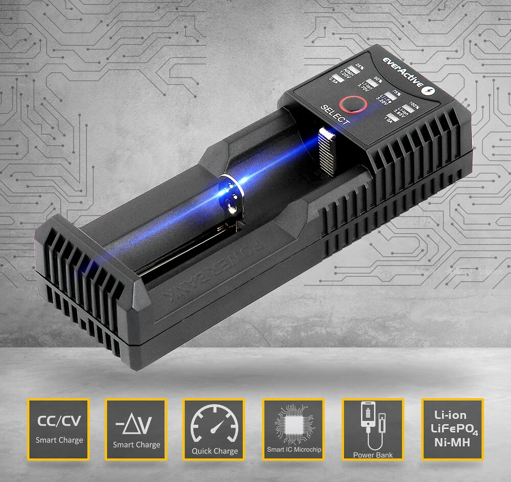 everActive universalus Li-Ion/LiFePO4 ir Ni-MH akumuliatorių kroviklis su Powerbank funkcija UC100C