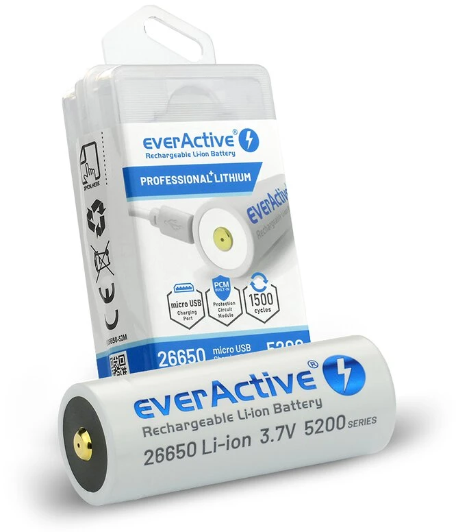 everActive USB įkraunamas 26650 3,7V 5200mAh akumuliatorius su PCM
