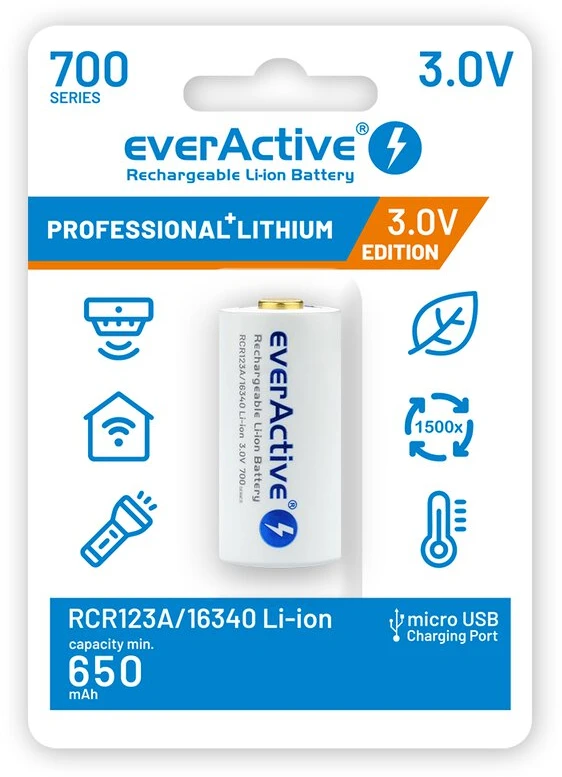 everActive USB įkraunamas RCR123A 16340 3,0V 700mAh akumuliatorius su PCM