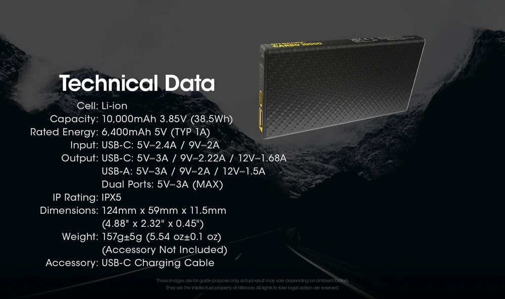 Nitecore 10000mAh anglies pluošto 20W išorinė baterija CARBO10000