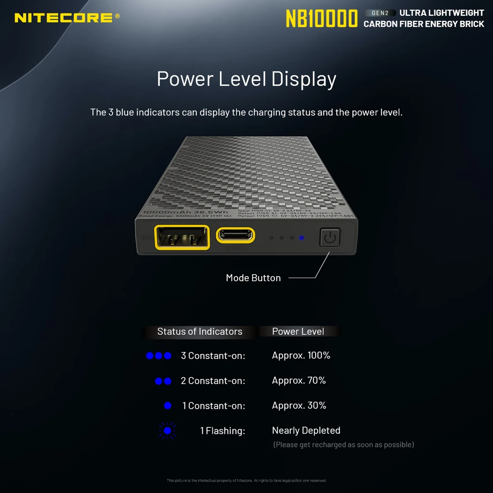Nitecore 10000mAh itin lengva 20W išorinė baterija NB10000 Gen2