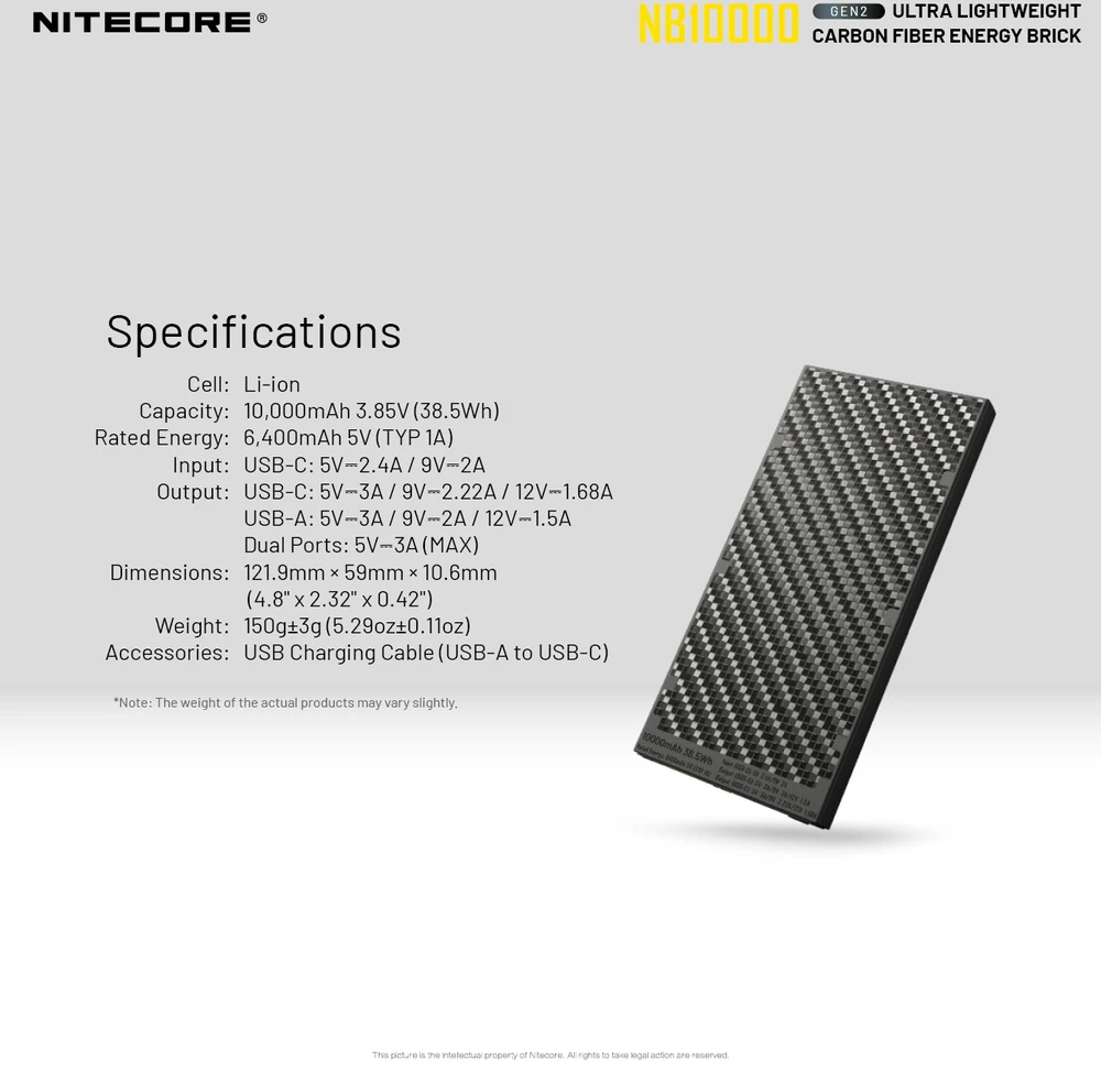 Nitecore 10000mAh itin lengva 20W išorinė baterija NB10000 Gen2