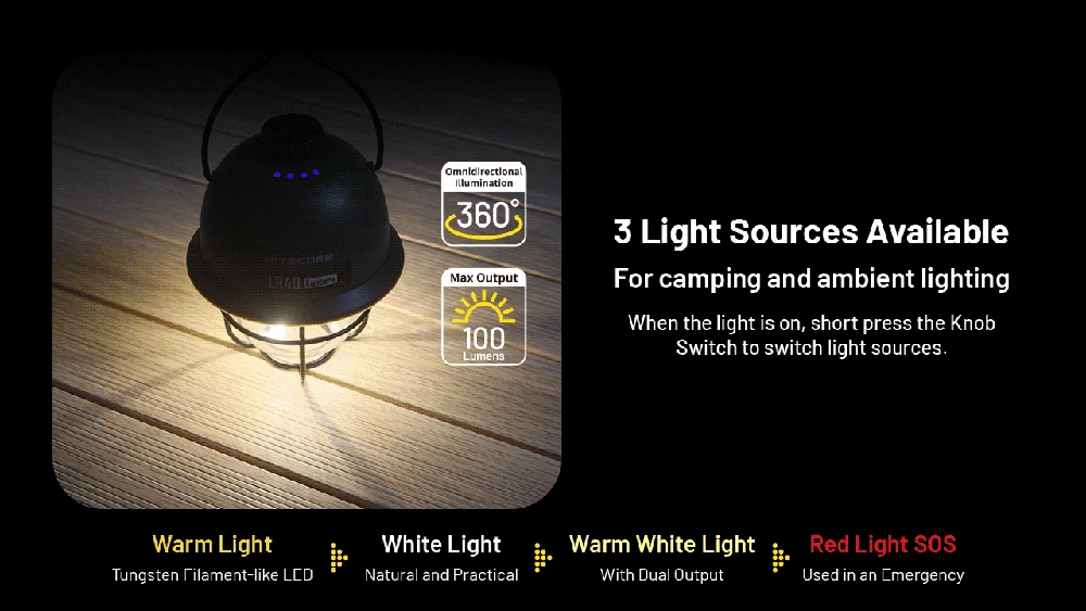 Nitecore 100lm įkraunamas stovyklavimo žibintas su Powerbank funkcija LR40, žalios spalvos