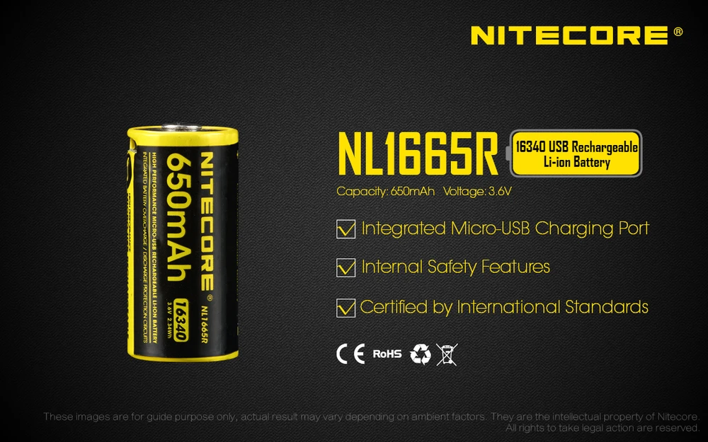 Nitecore micro-USB įkraunamas 3,6V 650mAh 16340 akumuliatorius NL1665R