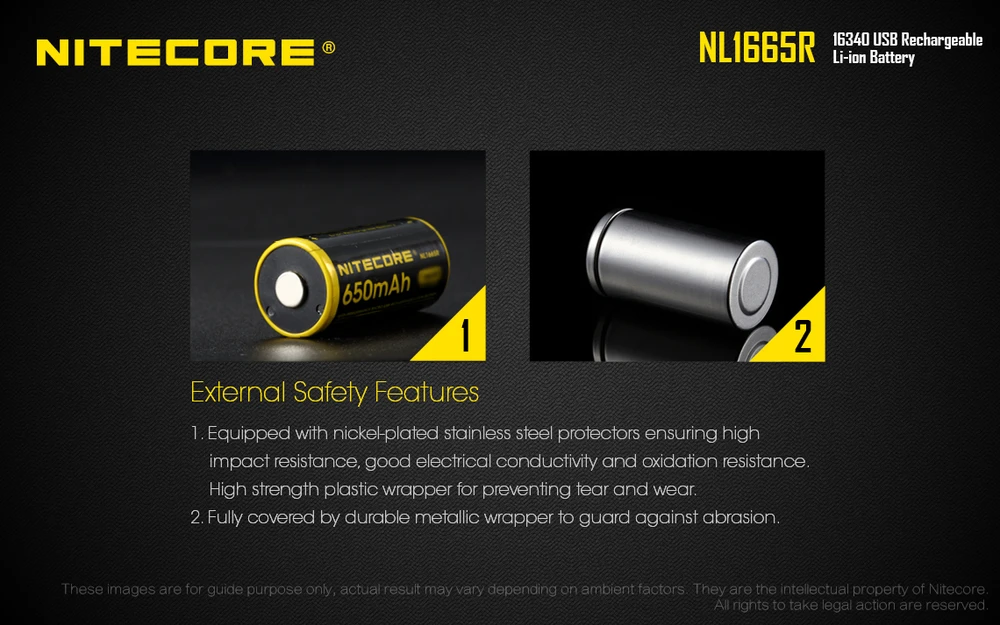 Nitecore micro-USB įkraunamas 3,6V 650mAh 16340 akumuliatorius NL1665R