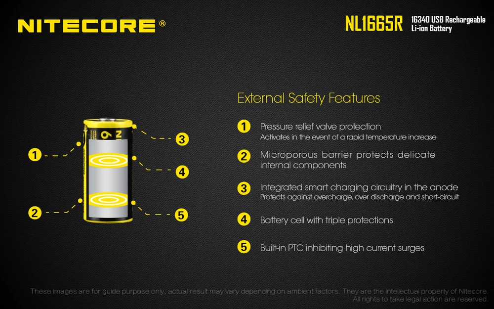 Nitecore micro-USB įkraunamas 3,6V 650mAh 16340 akumuliatorius NL1665R