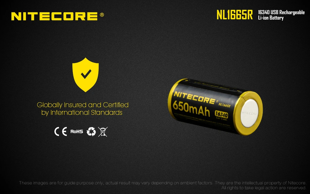 Nitecore micro-USB įkraunamas 3,6V 650mAh 16340 akumuliatorius NL1665R