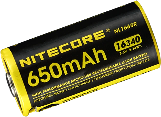 Nitecore 16340 akumuliatorius su techniniais parametrais