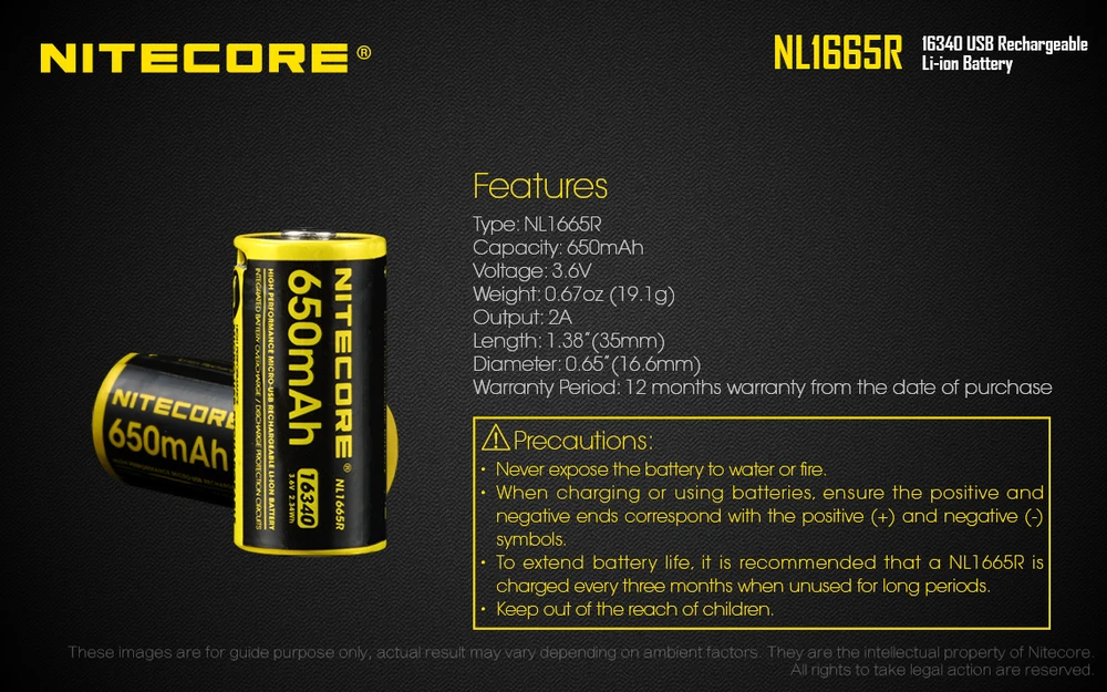 Nitecore 16340 akumuliatorių specifikacijos ir techninė informacija