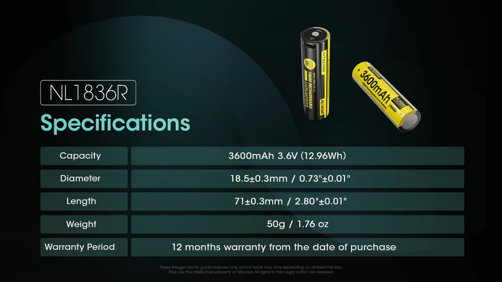 Nitecore USB-C įkraunamas 3,6V 3600mAh 18650 akumuliatorius NL1836R