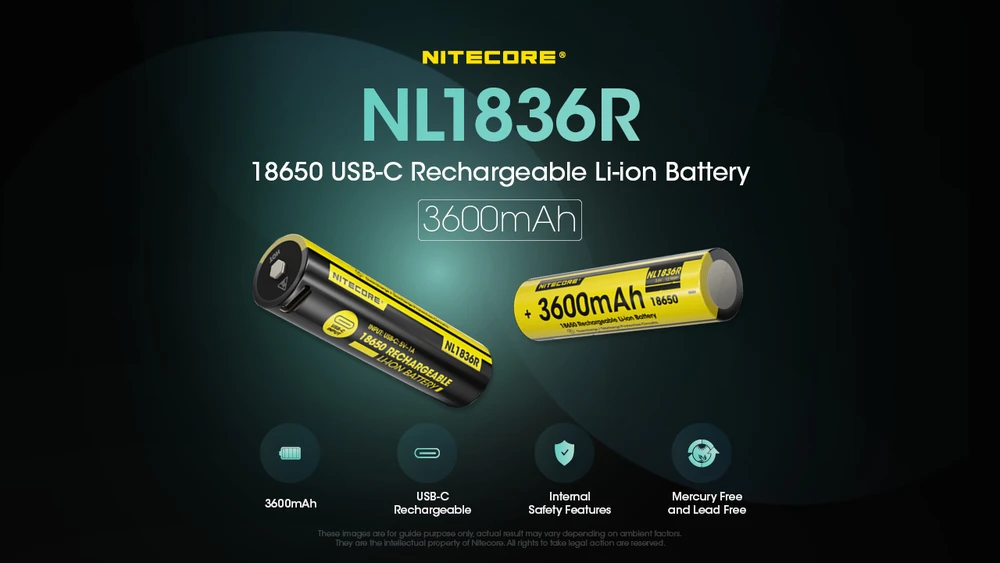Nitecore USB-C įkraunamas 3,6V 3600mAh 18650 akumuliatorius NL1836R