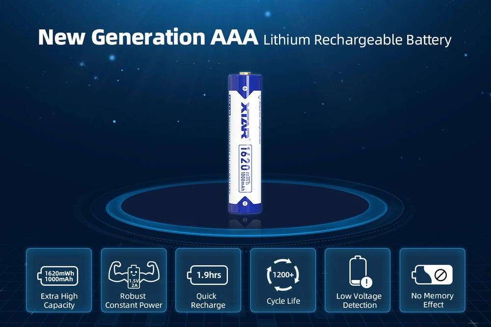 Xtar 1,5V 1000mAh AAA įkraunamas Li-ion elementas, 4 vnt. + dėklas