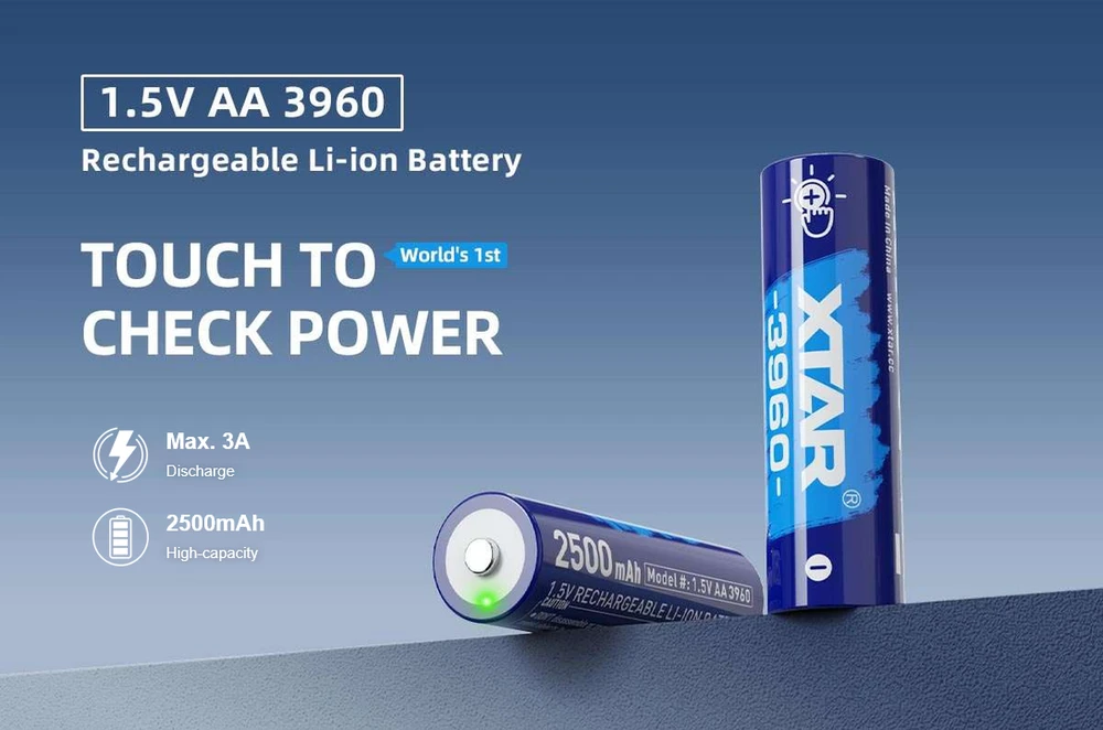 Xtar 1,5V 2500mAh AA įkraunamas elementas su įkrovos lygio indikatoriumi, 4 vnt. + dėklas