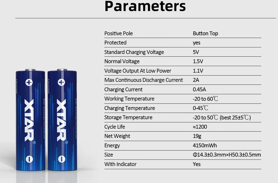 Xtar AA elementų techninių parametrų specifikacija