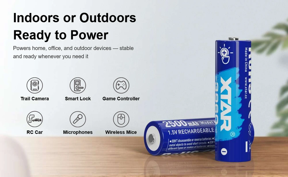 Xtar 1,5V 2500mAh AA įkraunamas elementas su įkrovos lygio indikatoriumi, 4 vnt. + dėklas