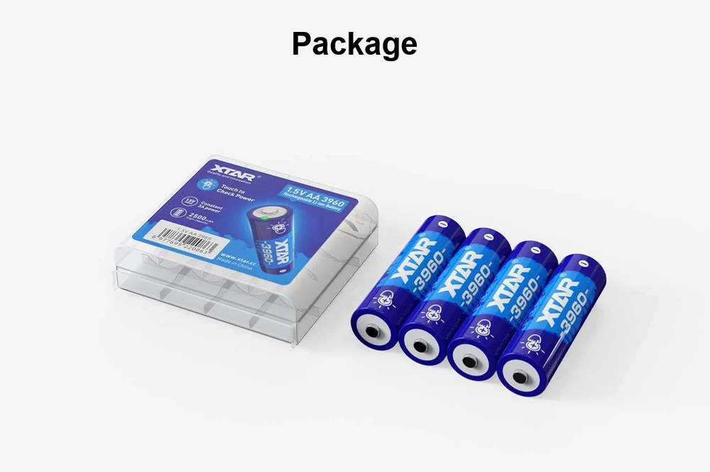 Xtar 1,5V 2500mAh AA įkraunamas elementas su įkrovos lygio indikatoriumi, 4 vnt. + dėklas