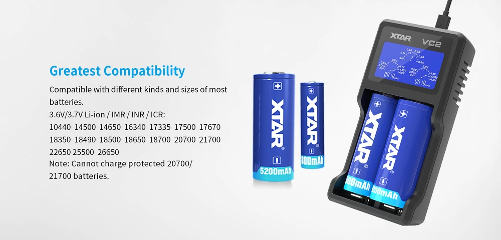 Baterijų įkroviklis XTAR VC2 18650 14500 18500 26650 Li-ion elementam 2 vietų