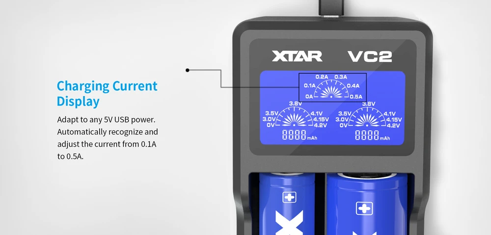 Baterijų įkroviklis XTAR VC2 18650 14500 18500 26650 Li-ion elementam 2 vietų
