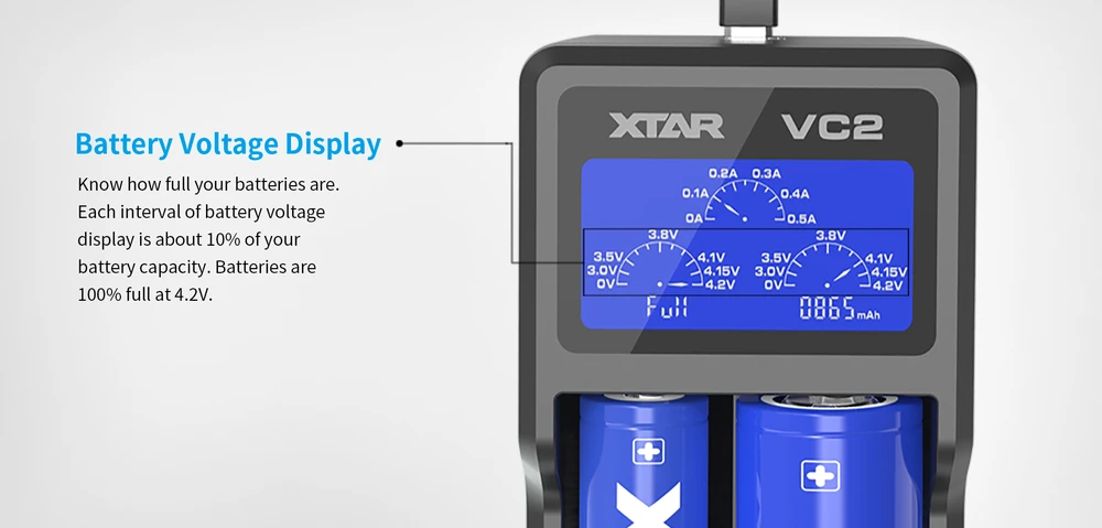 Baterijų įkroviklis XTAR VC2 18650 14500 18500 26650 Li-ion elementam 2 vietų