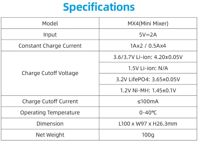 Xtar 4 x Ni-MH, 1.5/3.6/3.7V Li-ion ir 3.2V LiFePO4 akumuliatorių kroviklis MX4 Mini Mixer