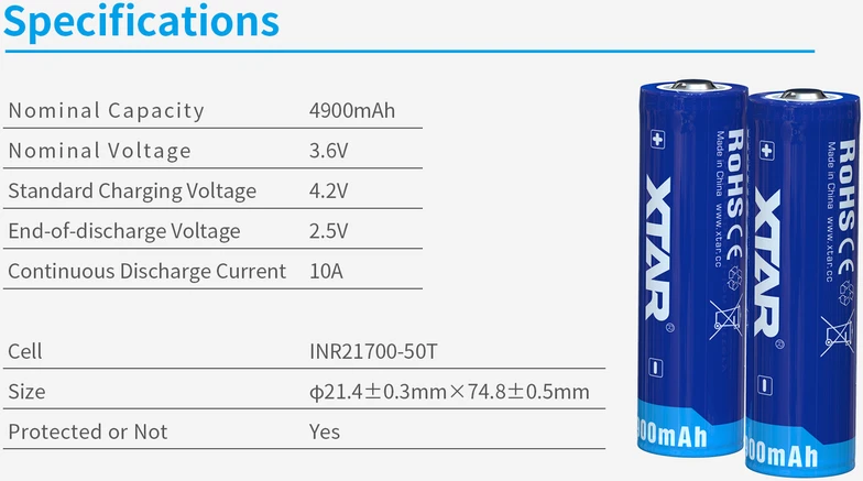 Xtar 4900mAh 3,6V 21700 akumuliatorius su PCB