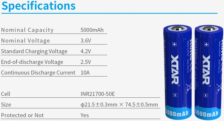 Xtar 5000mAh 3,6V 21700 akumuliatorius su PCB