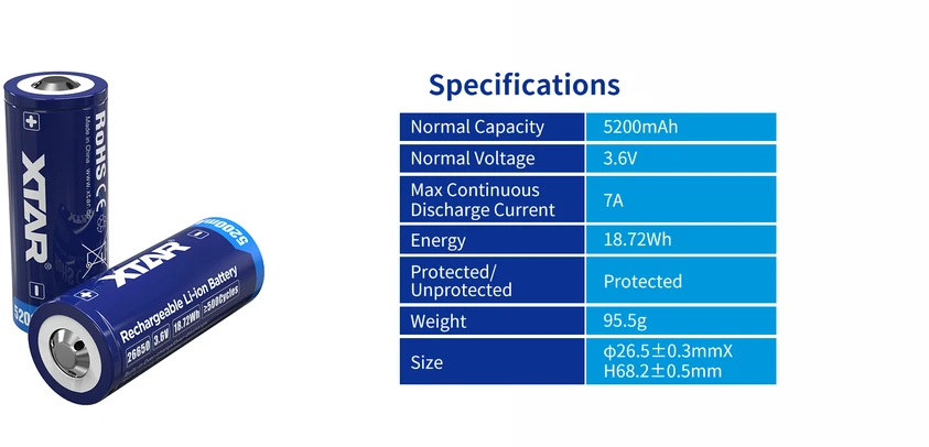 Xtar 5200mAh 3,6V 26650 akumuliatorius su PCB
