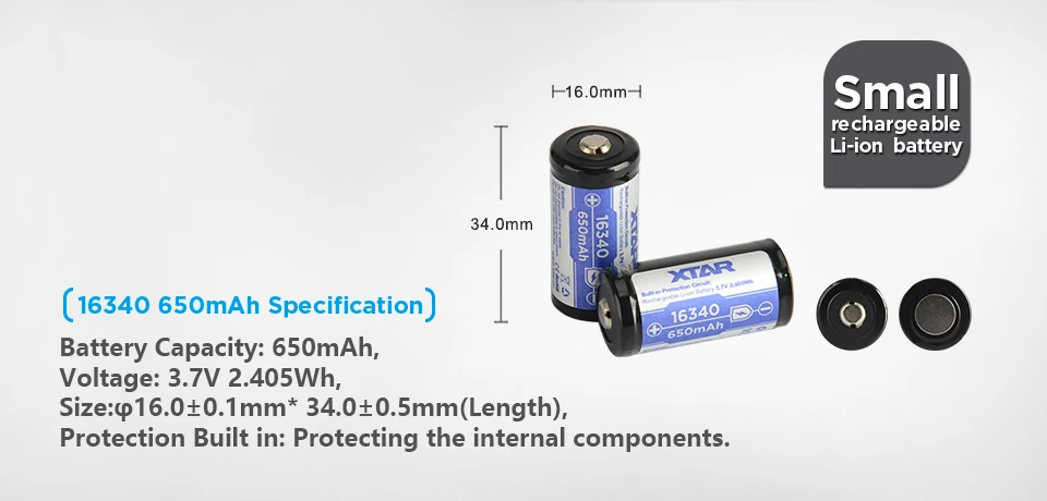 Xtar 650mAh 3,7V 16340 CR123 akumuliatorius su PCB