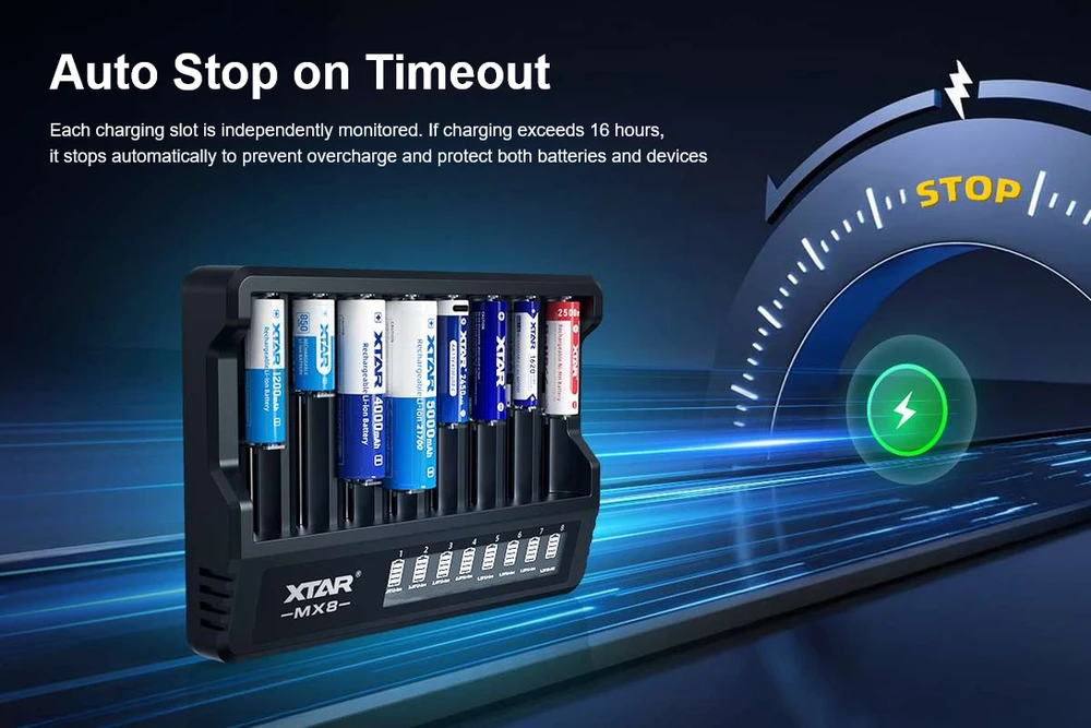 Xtar 8 x Ni-MH ir 1.5/3.6/3.7V Li-ion akumuliatorių kroviklis su LCD ekranu MX8