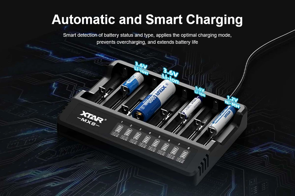 Xtar 8 x Ni-MH ir 1.5/3.6/3.7V Li-ion akumuliatorių kroviklis su LCD ekranu MX8