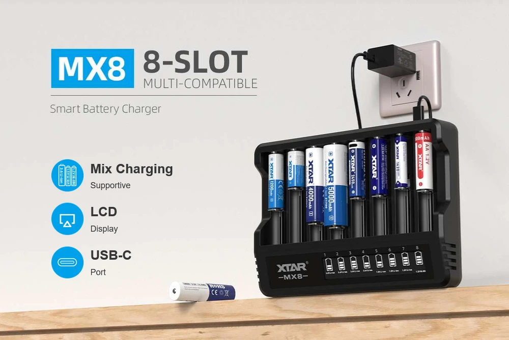 Xtar 8 x Ni-MH ir 1.5/3.6/3.7V Li-ion akumuliatorių kroviklis su LCD ekranu MX8