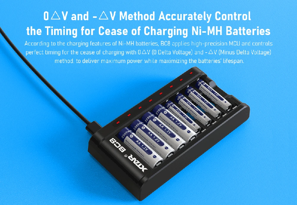 Xtar 8 x Ni-MH ir 1,5V Li-ion AA/AAA akumuliatorių kroviklis BC8